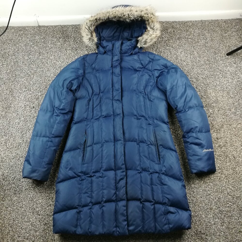 Eddie Bauer Jacket Lodge Parka Womens Medium 650 Down Puffer Faux Fur Hood Blue